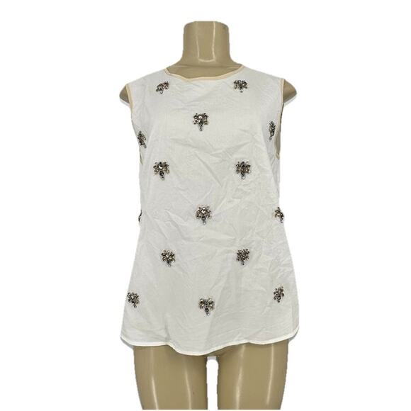 J Crew Size 8 Women Jeweled Sateen Shell White Top 02744 Sleeveless V23 - Picture 1 of 9